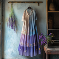 Vintage Lavender Patchwork Art Linen V Neck Midi Dress artswardrobe