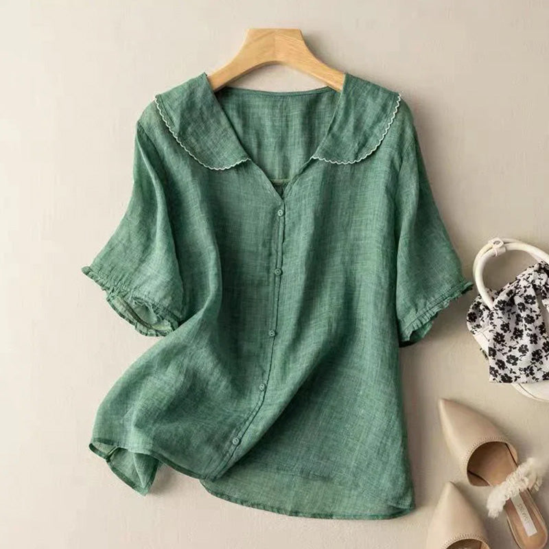 Women's Casual Lapel Linen Solid Shirt artswardrobe