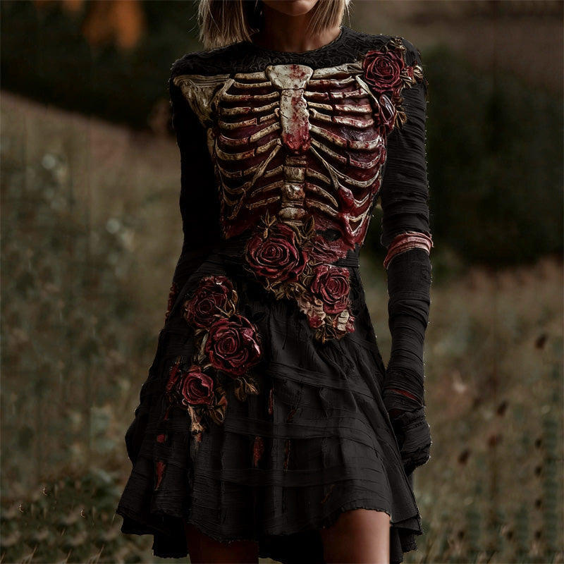 Comstylish Halloween Bloody Rib Cage Red Roses Bandages Comfy Mini Dress