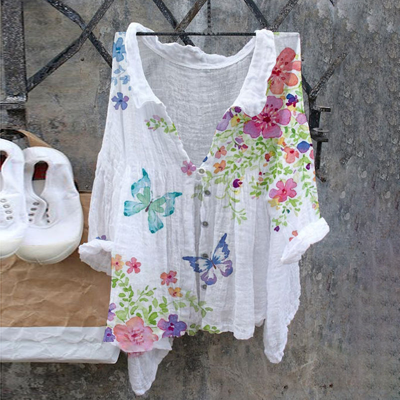 Comstylish Butterfly Retro Cotton Linen Casual Floral Print Cotton Linen  Shirt