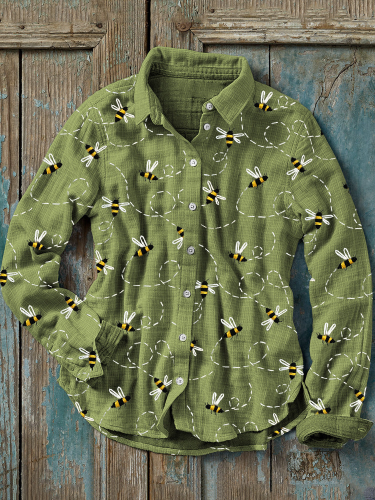 Comstylish Flying Bees Embroidery Pattern Linen Blend Blouse