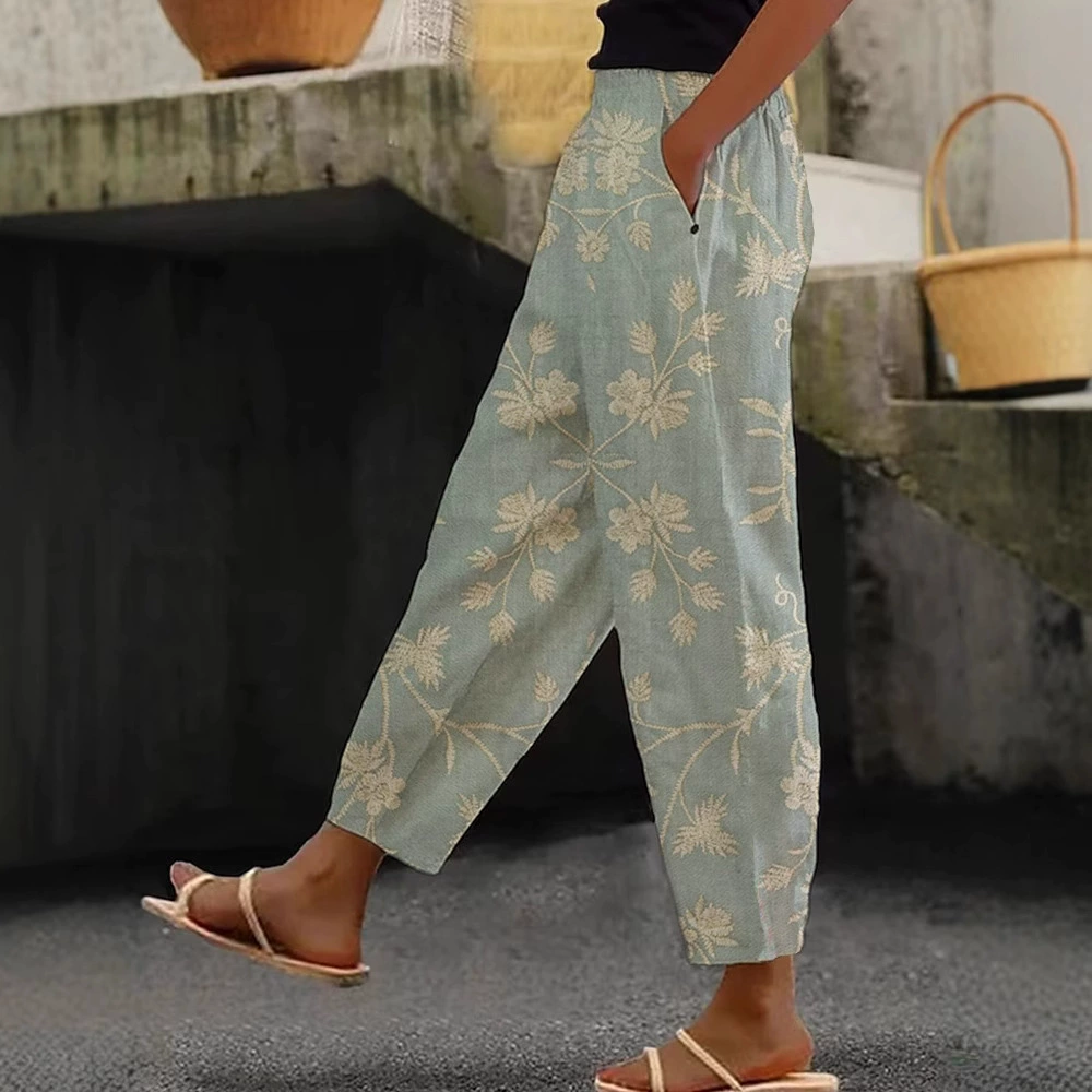 Women's Vintage Floral Art Linen Casual Pants artswardrobe