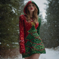 Comstylish Women's Christmas Tree With Glitter Pattern Art Cozy Knit Hooded Dress