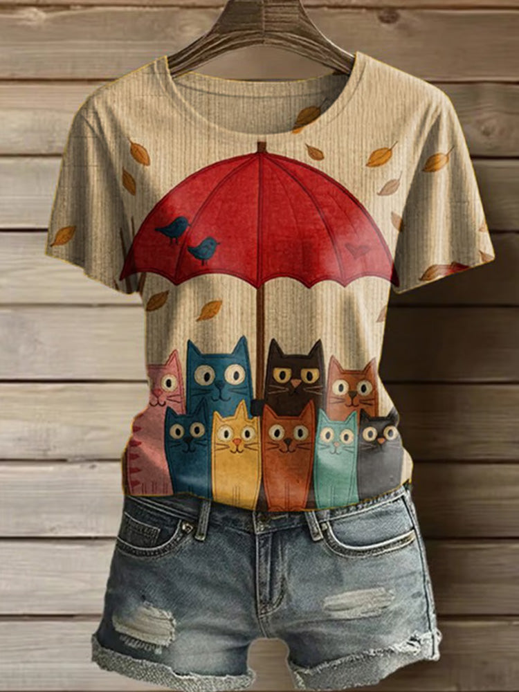 Comstylish Women's Casual Cute Cat Printed Round Neck Short Sleeve T-shirt