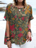 Women's Elegant Floral Round Neck Cotton and Linen Top