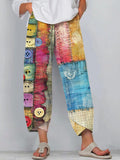 Women's Multicolor Button Design Patchwork Linen Blend Pants artswardrobe