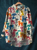 Women's Kid Drawing Art Dog Art Print Casual Cotton And Linen Shirt