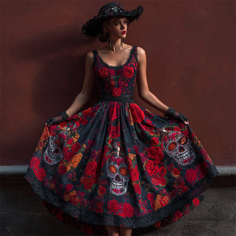 Comstylish Classy Day Of The Dead Sugar Skulls Floral Linen Maxi Dress