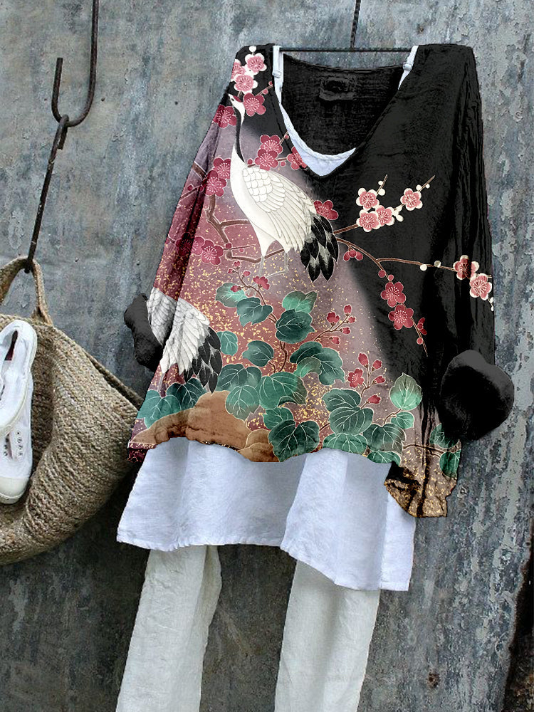 Comstylish Japanese Cranes & Flowers Linen Blend Cozy Tunic