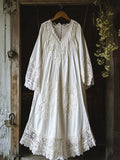 Vintage Floral Embroidered Lace Hem Linen Cozy Maxi Dress artswardrobe