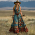 Women's Vintage Western Geometric Print V-neck Sleeveless Maxi Dress artswardrobe