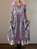 Women's Bohemian Paisley Art Motifs Print Button Pocket Cotton Dress