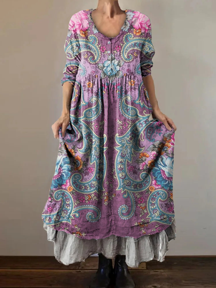 Women's Bohemian Paisley Art Motifs Print Button Pocket Cotton Dress