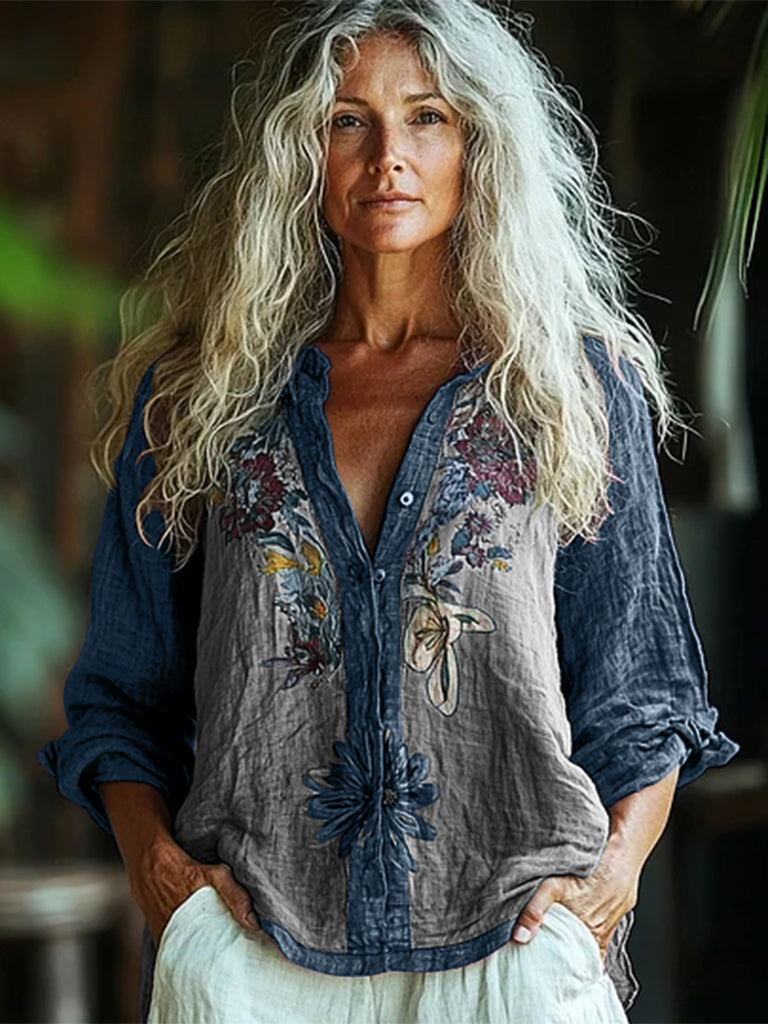 Comstylish Bohemian Style Linen Floral Art Print Long Sleeve Shirt