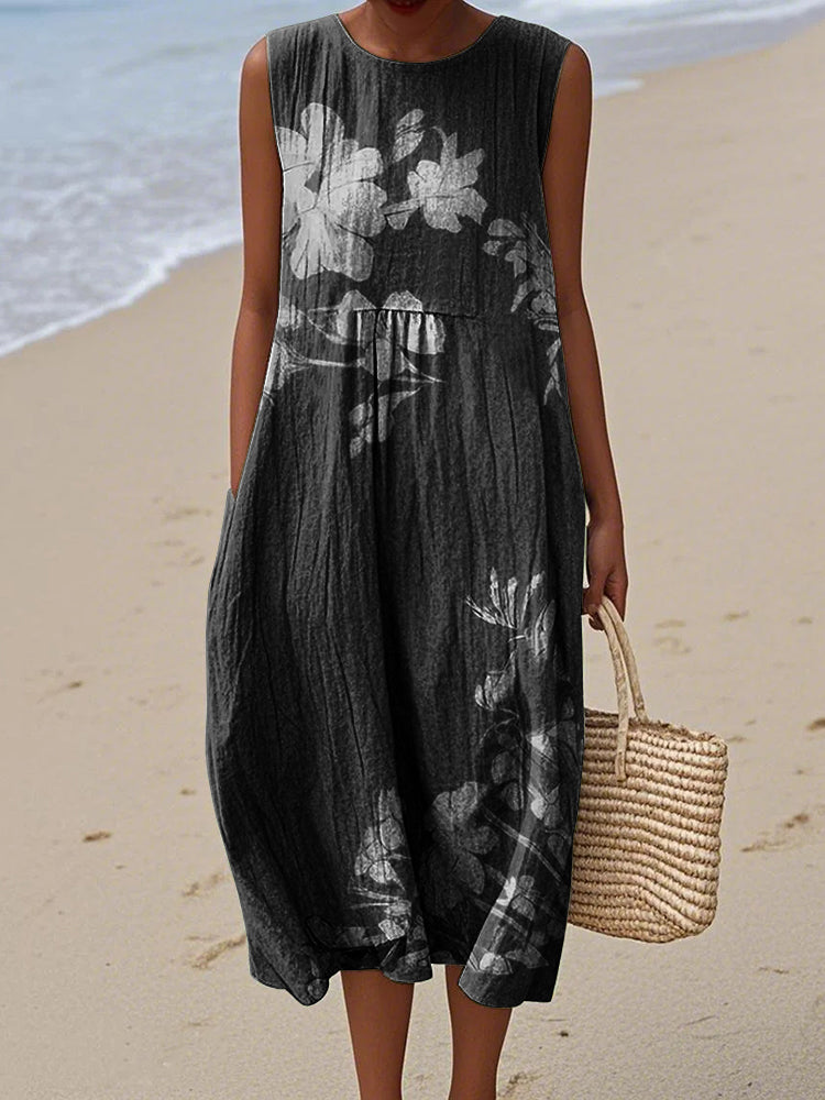 Vintage Loose Floral Art Linen Tank Dress artswardrobe