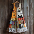 Vintage Abstract Creative Black Cat Peeking With Floral Patchwork Art Linen Tank Dress artswardrobe