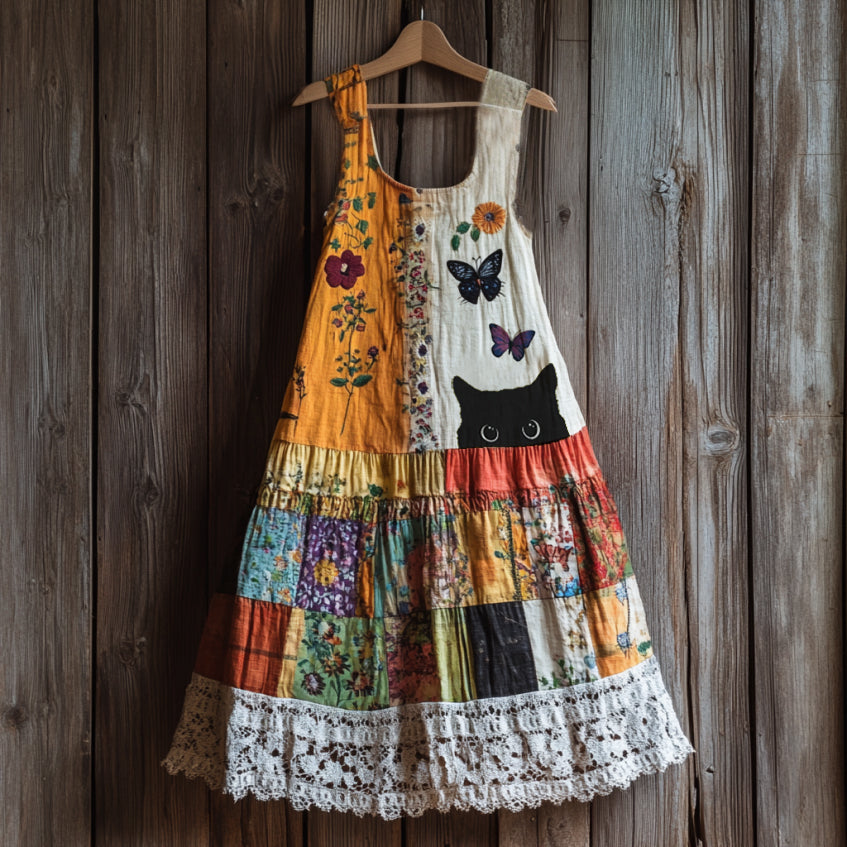 Vintage Abstract Creative Black Cat Peeking With Floral Patchwork Art Linen Tank Dress artswardrobe