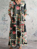 Women's V-Neck Vintage Geometric Rose Floral Print Dress With Pockets