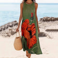 Women's Vintage Floral Print Linen Blend Tank Midi Dress artswardrobe