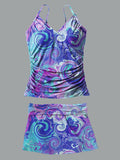 Colorful Ripples V-Neck Vintage Flowers Print Suspender Skirt Tankini Pantskirt Set Swimsuit