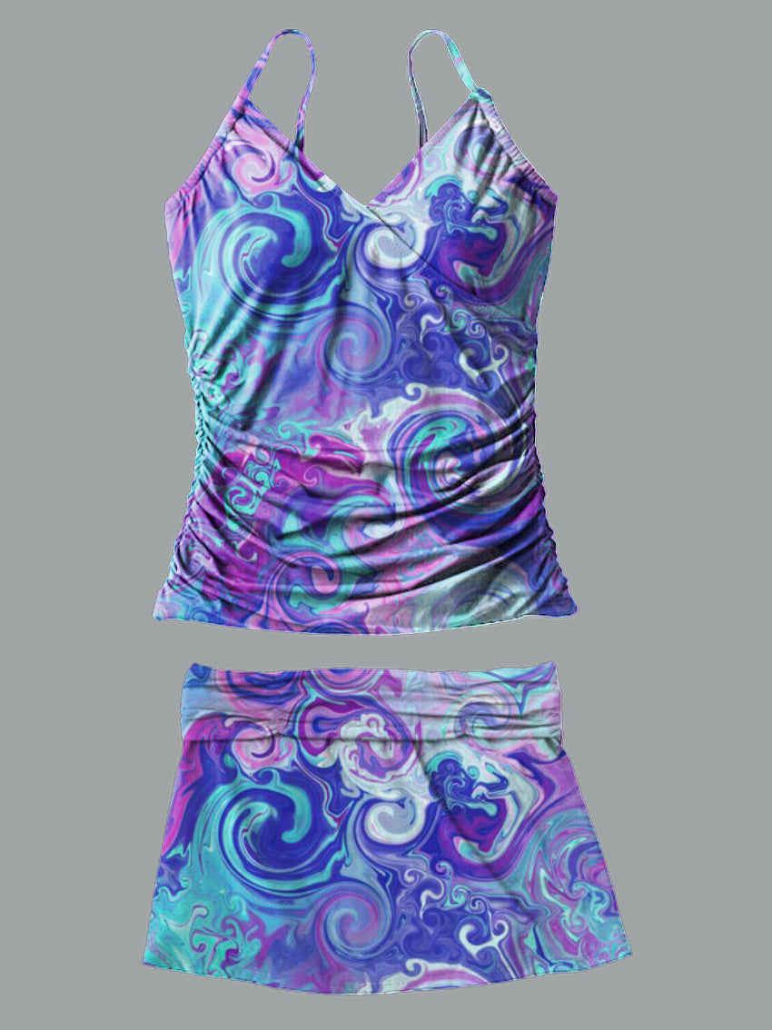 Colorful Ripples V-Neck Vintage Flowers Print Suspender Skirt Tankini Pantskirt Set Swimsuit
