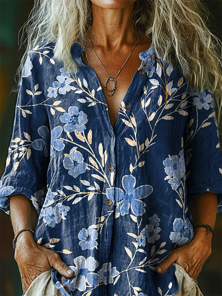 Women's Floral Pattern Art Print Casual Cotton Linen Shirt