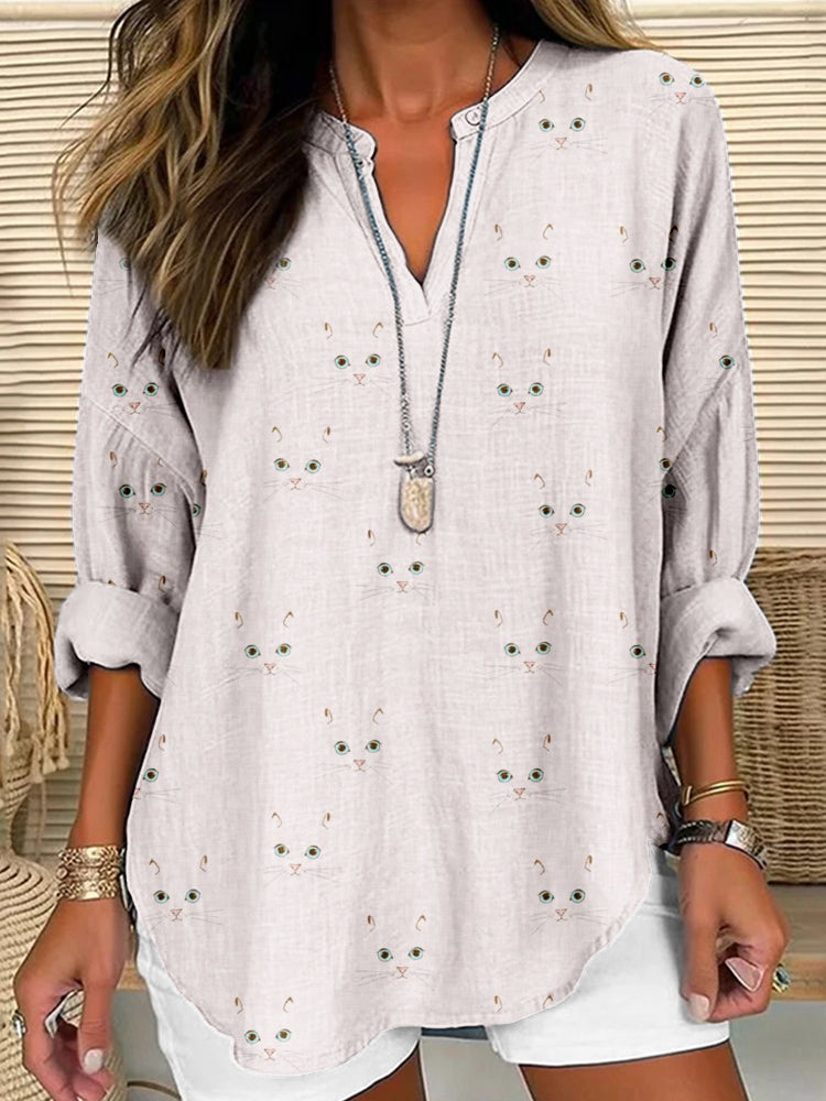 Comstylish Cute Cat Face Pattern Linen Blend Cozy Shirt