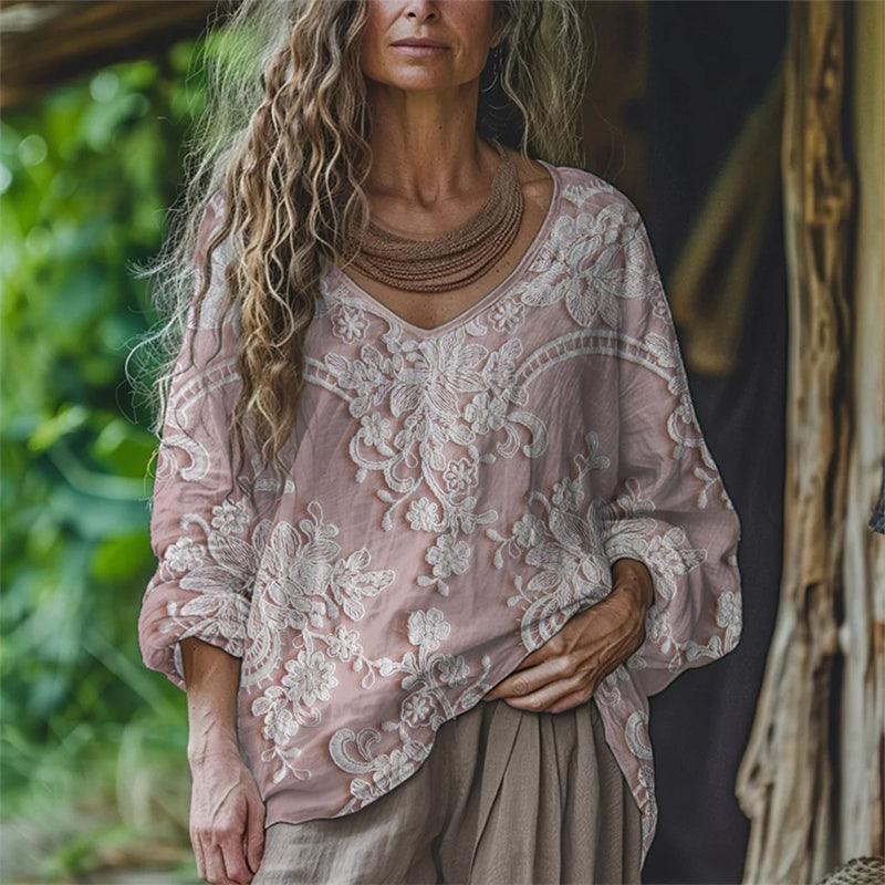 Boho Floral Embroidered Lace Flowy Linen Tunic artswardrobe