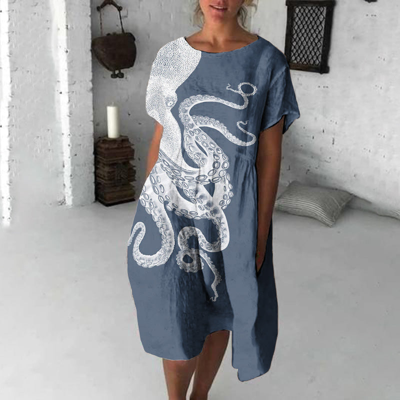 Comstylish Japanese Art Octopus Print Crew Neck Loose Midi Dress