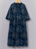 Japanese Traditional Sashiko Art Pattern V-Neck Long Sleeves Dress
