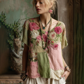 Vintage Pink Roses Patchwork Art Linen Casual Tunic artswardrobe