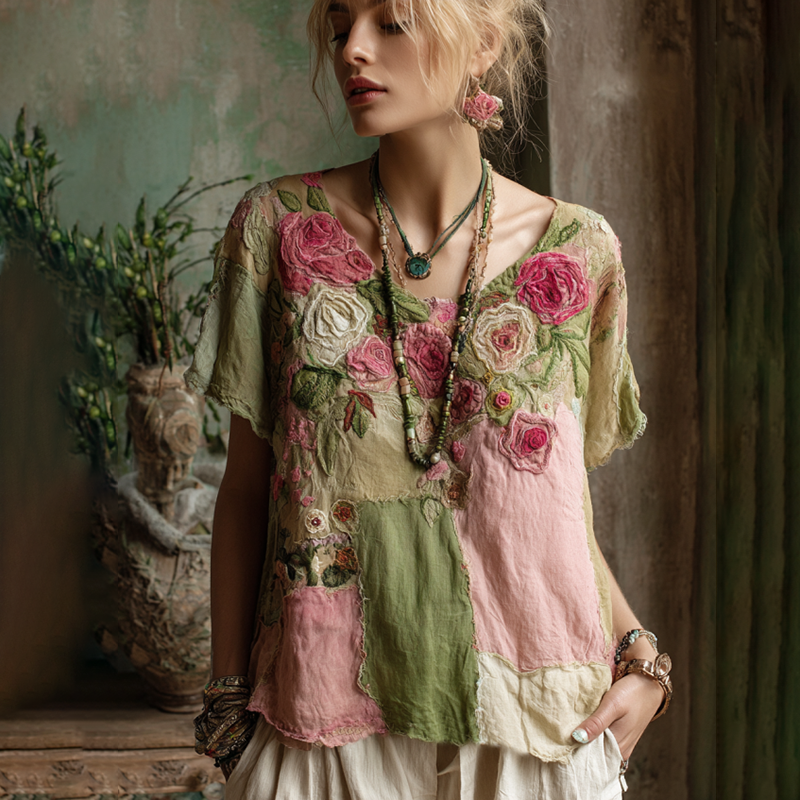 Vintage Pink Roses Patchwork Art Linen Casual Tunic artswardrobe