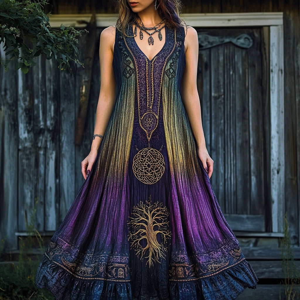 Women's Viking Tree Of Life Gradient Tank Midi Dress artswardrobe
