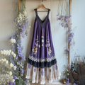 Vintage Lace Flowers Design Linen V Dress artswardrobe