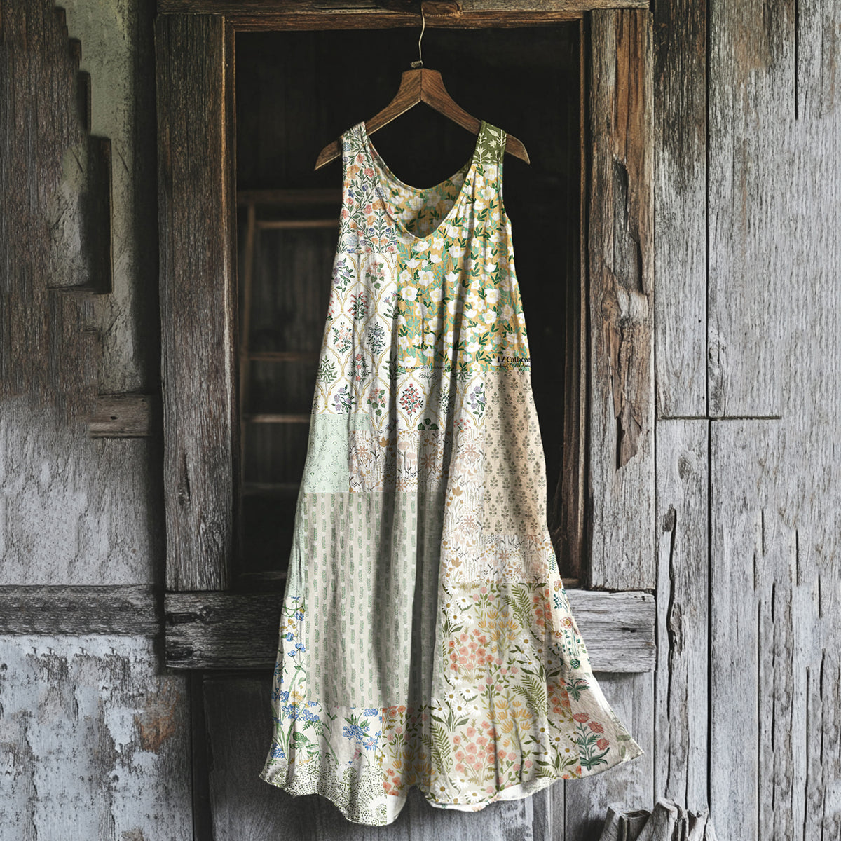 Vintage Floral Art Cotton Linen Comfy Tank Dress artswardrobe