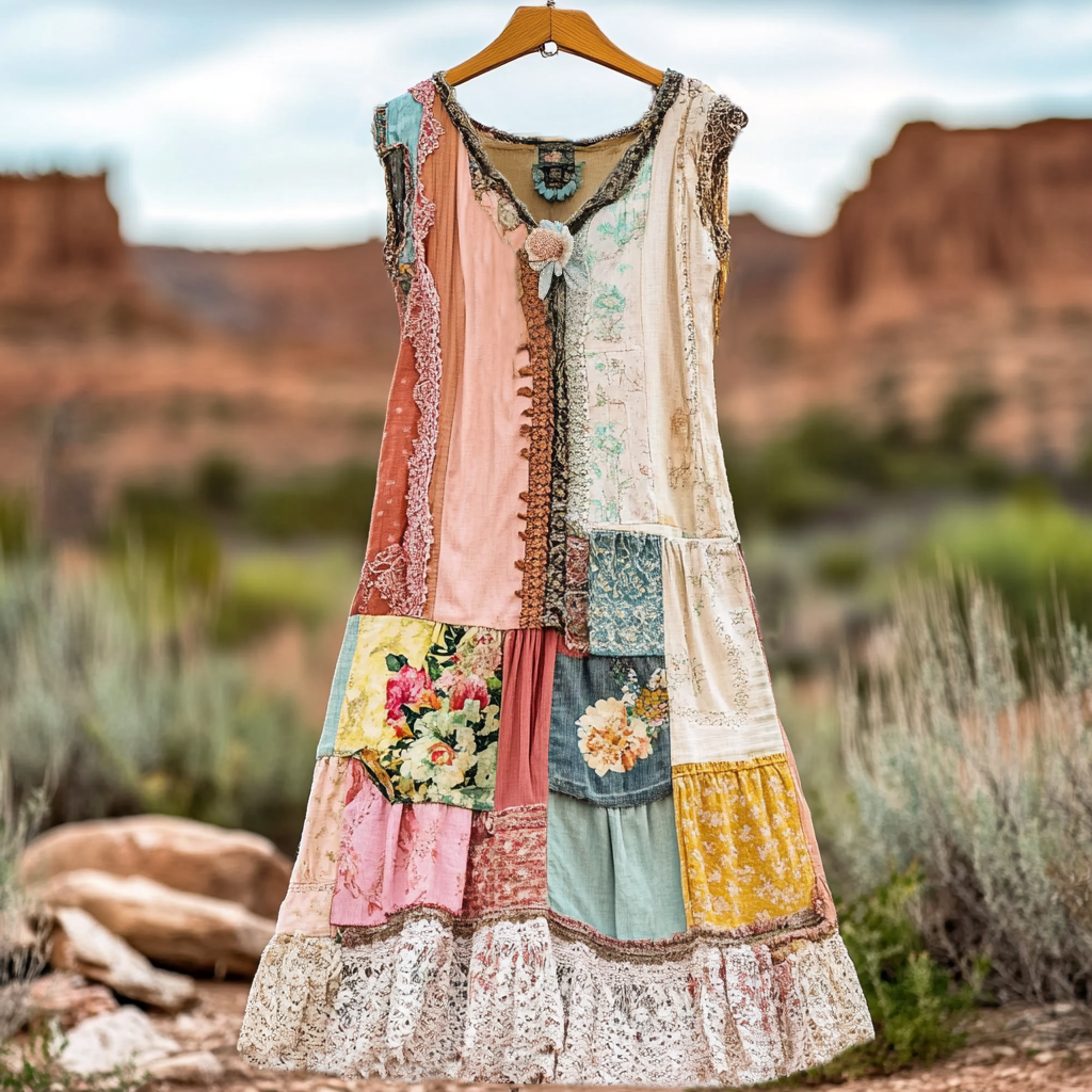 Women's Vintage Floral Lace Patch Comfort Dress artswardrobe
