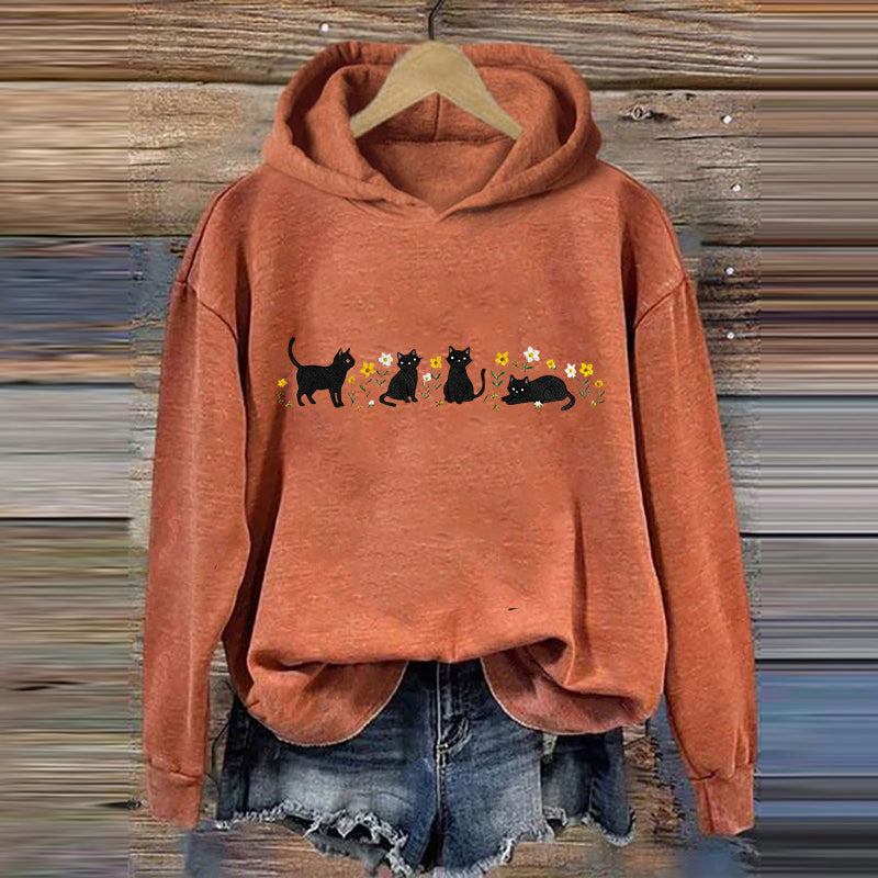 Comstylish Women's Cute Floral Black Cat Embroidered Print Hoodie