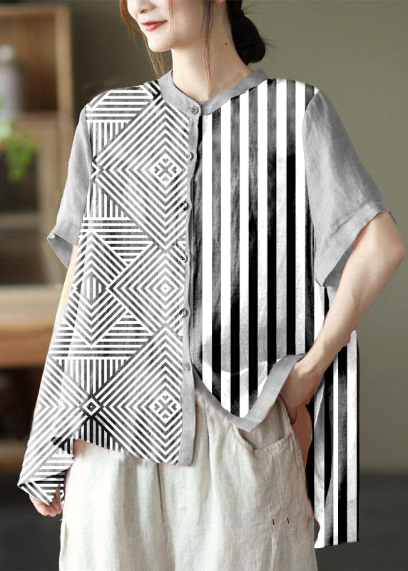 Black Geometry Summer Side Open Stand Collar Ramie Loose Short Sleeve