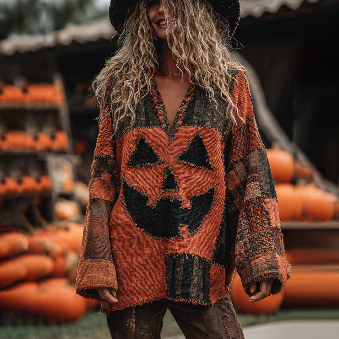 Vintage Patchwork Halloween Pumpkin Face Art Linen Shirt artswardrobe