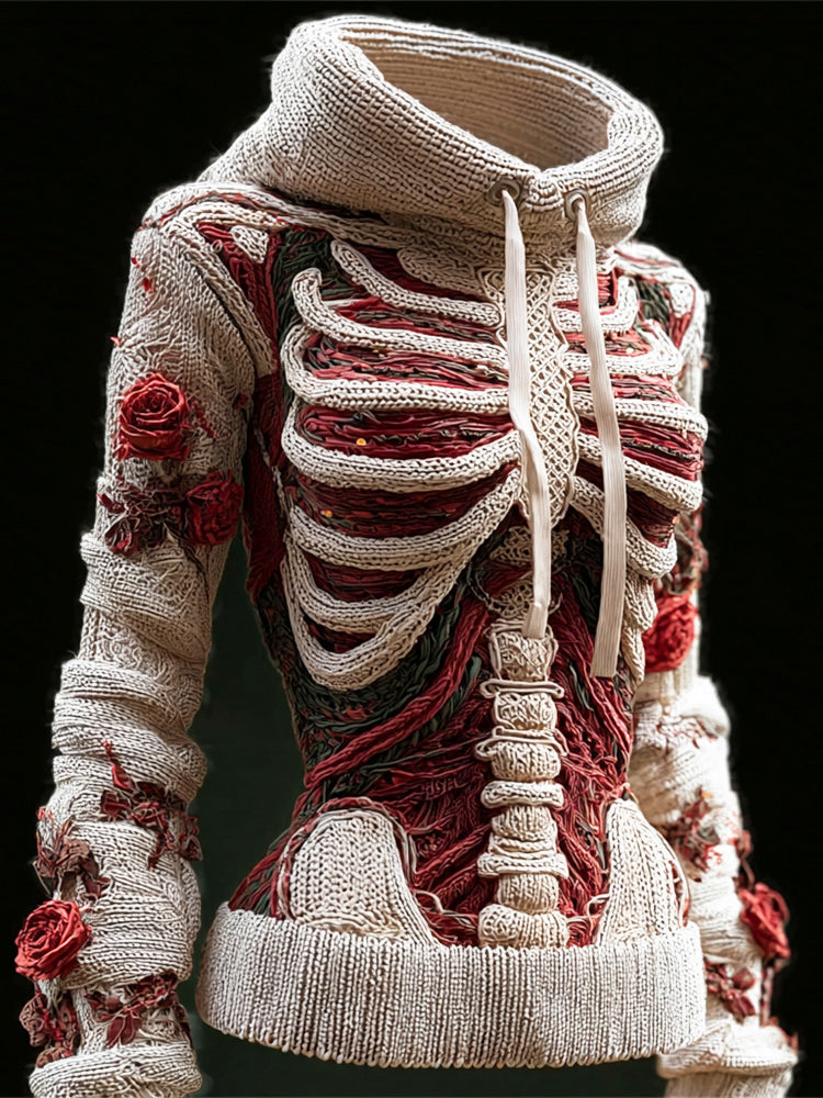 Comstylish Halloween Skeleton & Floral Art Women's Hooded Sweater