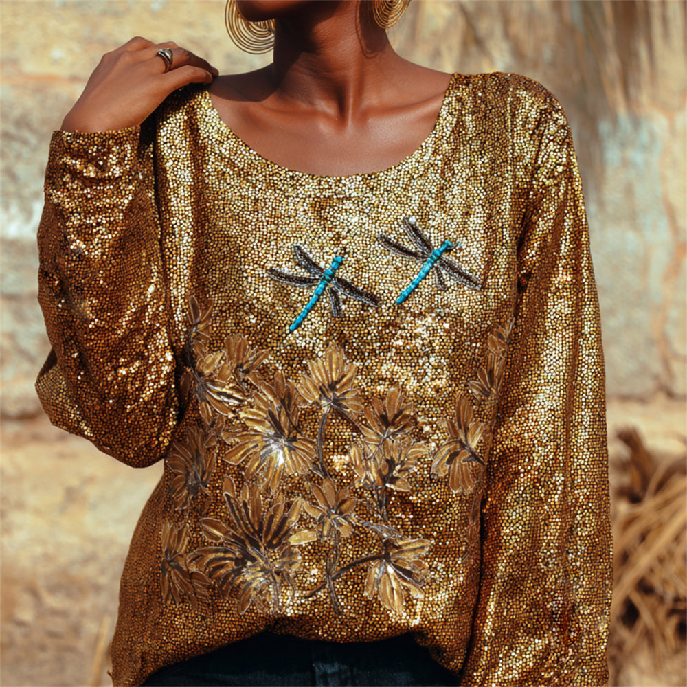 Vintage Dragonfly Floral Art Women's Round Neck Loose Glitter Top artswardrobe