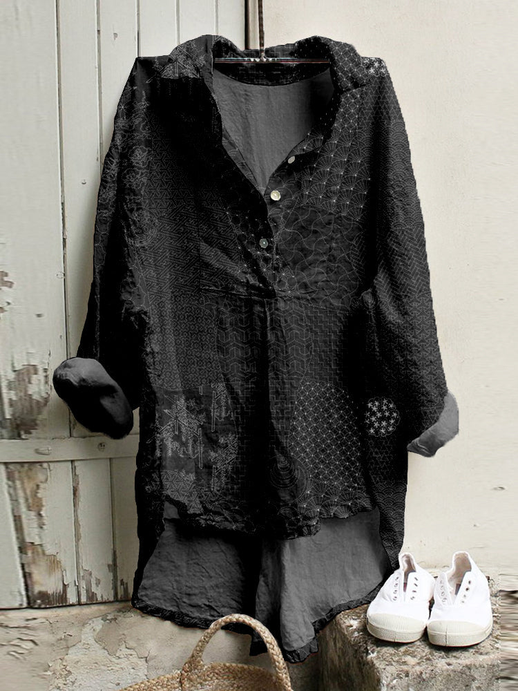 Comstylish Japanese Traditional Sashiko Art Linen Blend High Low Tunic