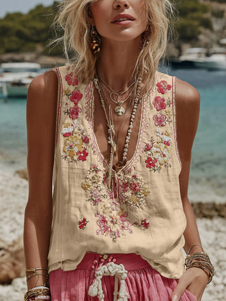 Women's Vintage Floral Embroidery Casual Sleeveless Top artswardrobe