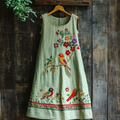 Comstylish Vintage Birds & Floral Embroidery Art Sleeveless Midi Dress