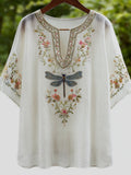 Vintage Cotton And Linen Dragonfly And Flower Pattern White V-neck Short-sleeved T-shirt artswardrobe