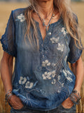 Embroidered Flower In Deep Blue Casual Short-sleeved Shirt artswardrobe