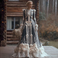 Comstylish Women Halloween Skeleton Skeleton And Rose Night Gothic Long Dress