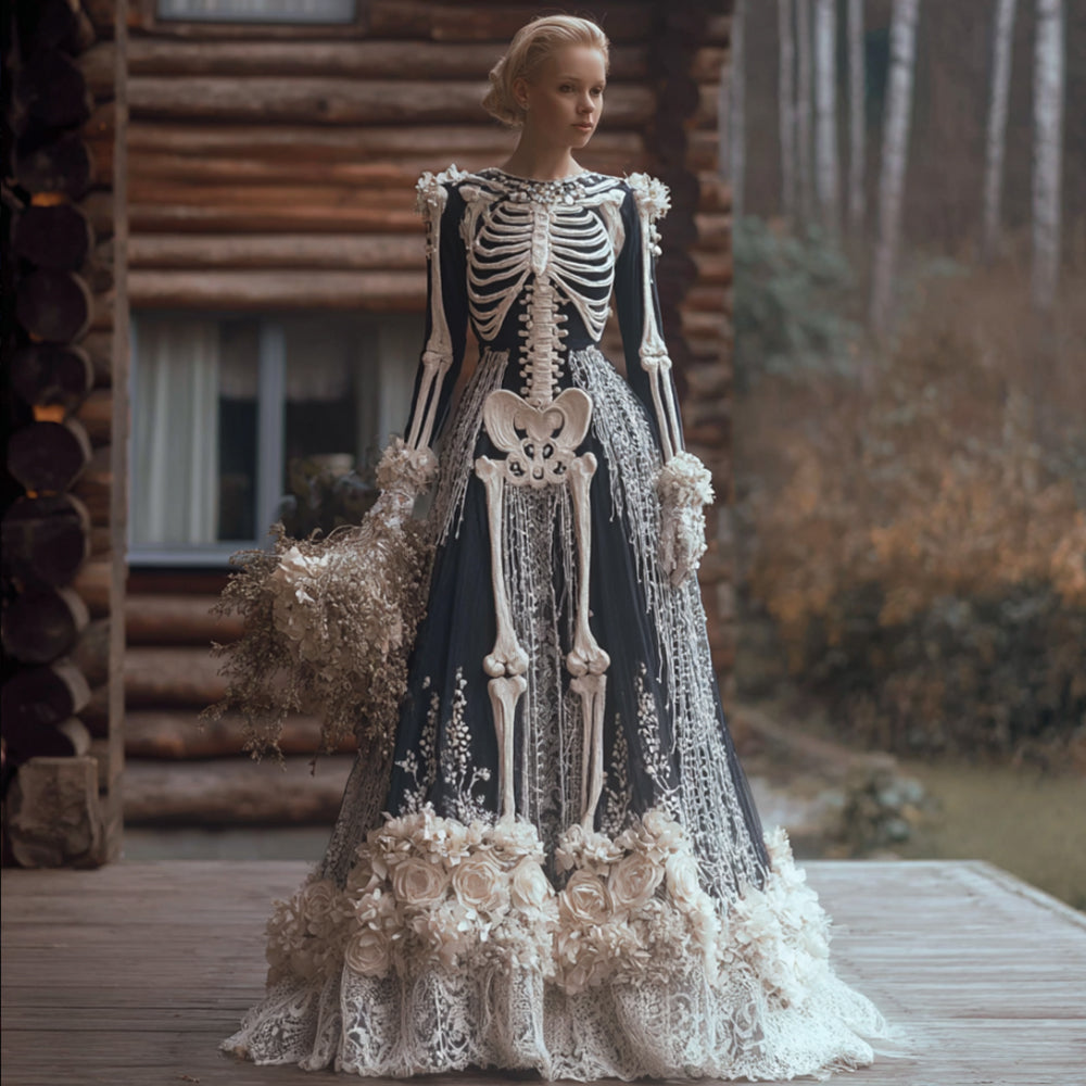 Comstylish Women Halloween Skeleton Skeleton And Rose Night Gothic Long Dress