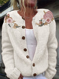Thanksgiving Pink Pumpkin Floral Embroidered Cozy Knit Cardigan artswardrobe