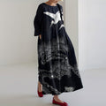 Comstylish Vintage Japanese Crane Pine Art Print Casual Midi Dress